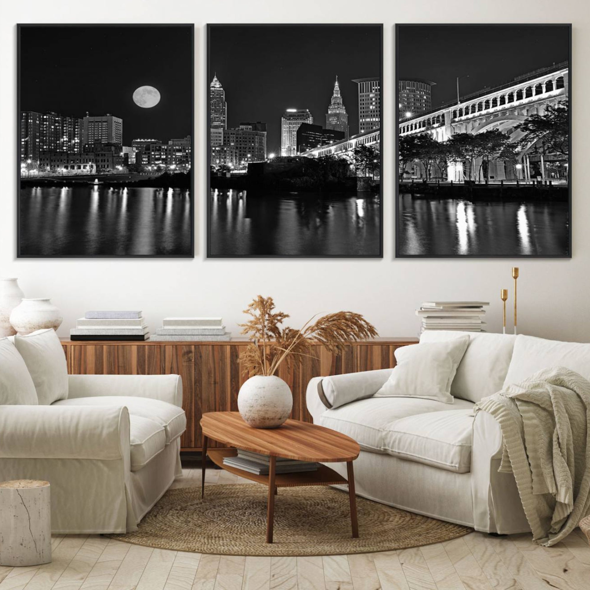 58328-MGV-FC-60X30-3P_Black-Cleveland Night Skyline Wall Art City Cityscape Canvas Print