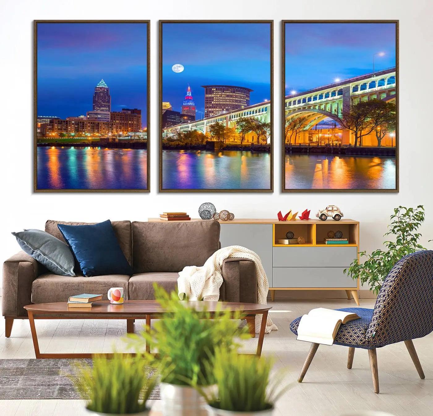 61364-MGV-CV-36X24-Cleveland Night Skyline Wall Art City Cityscape Canvas Print