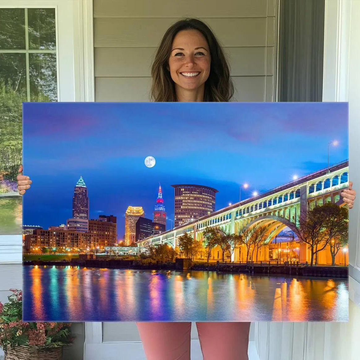 -Cleveland Night Skyline Wall Art City Cityscape Canvas Print