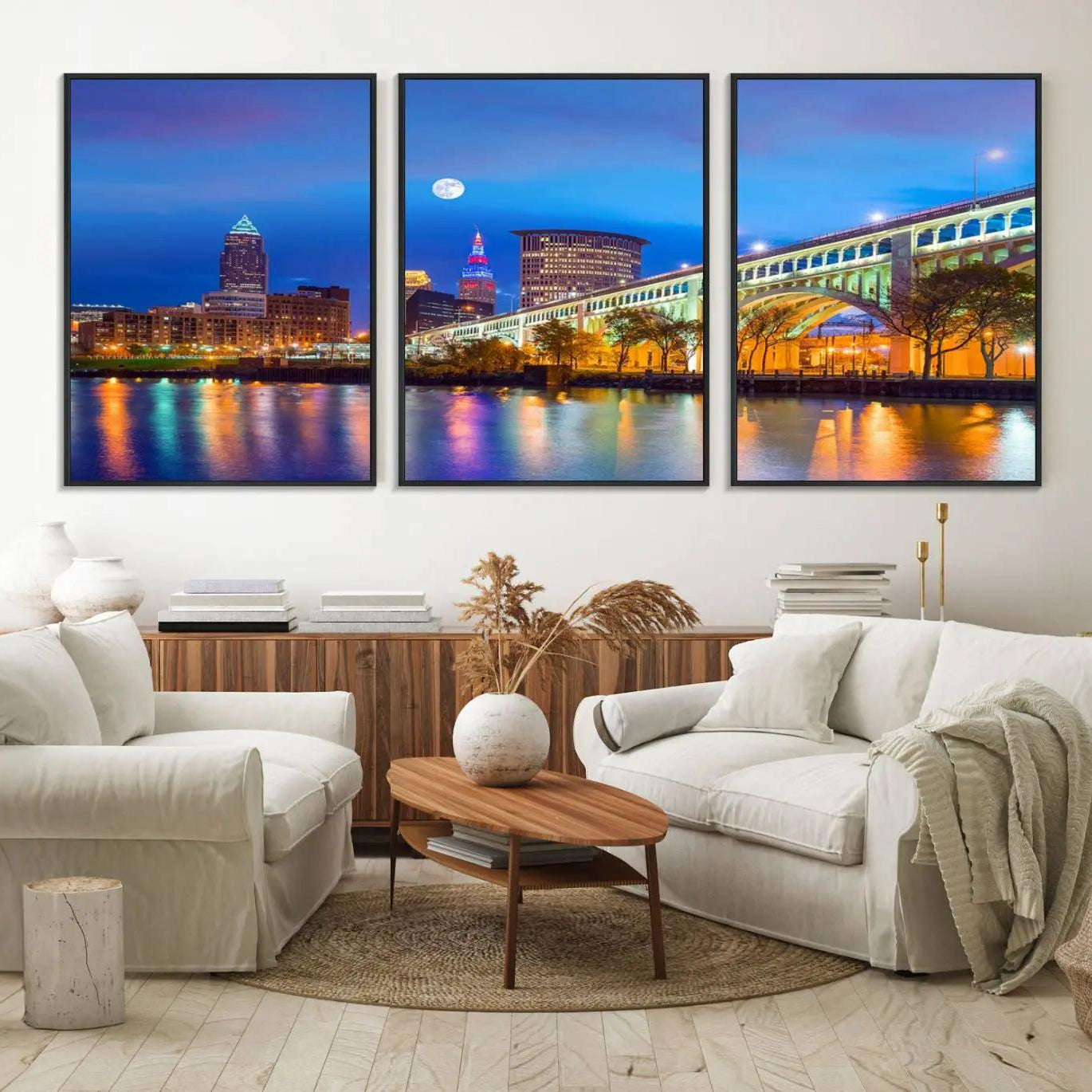 61364-MGV-FC-60X30-3P_Black-Cleveland Night Skyline Wall Art City Cityscape Canvas Print