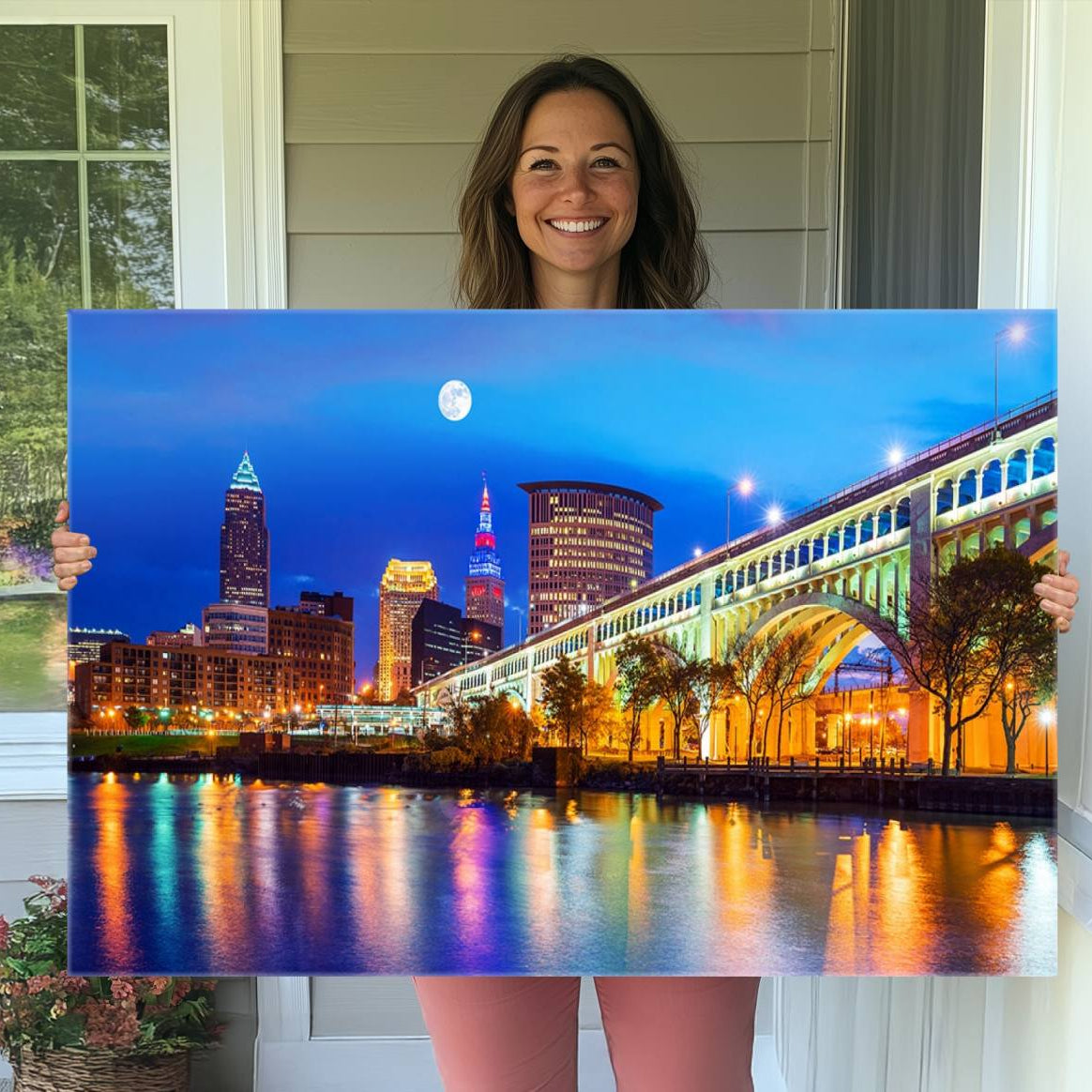-Cleveland Night Skyline Wall Art City Cityscape Canvas Print