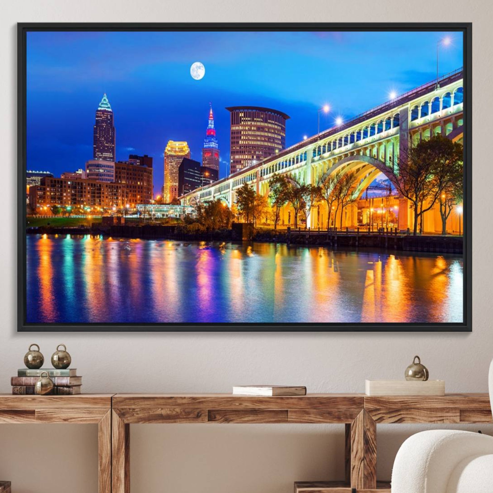 83234-MGV-FC-36X24_Black-Cleveland Night Skyline Wall Art City Cityscape Canvas Print