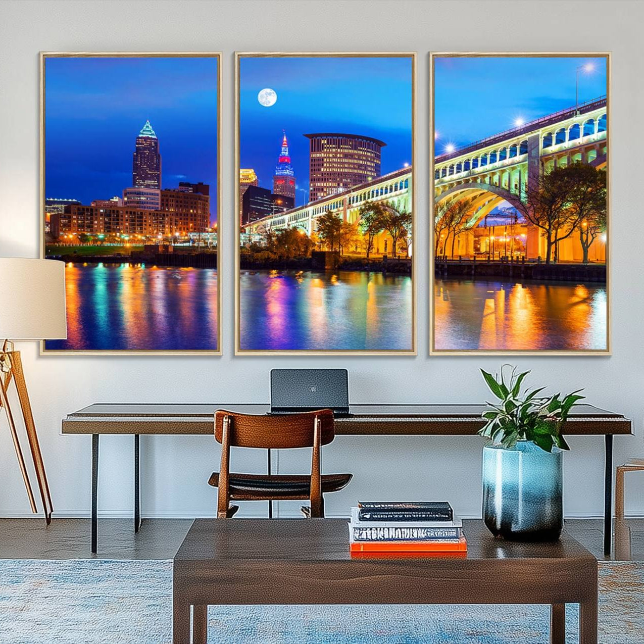 83234-MGV-FC-48X32-3P_Natural-Cleveland Night Skyline Wall Art City Cityscape Canvas Print