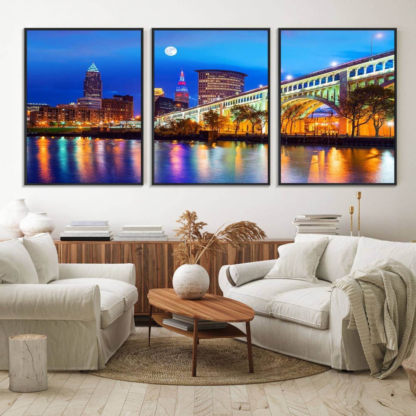 83234-MGV-FC-60X30-3P_Black-Cleveland Night Skyline Wall Art City Cityscape Canvas Print