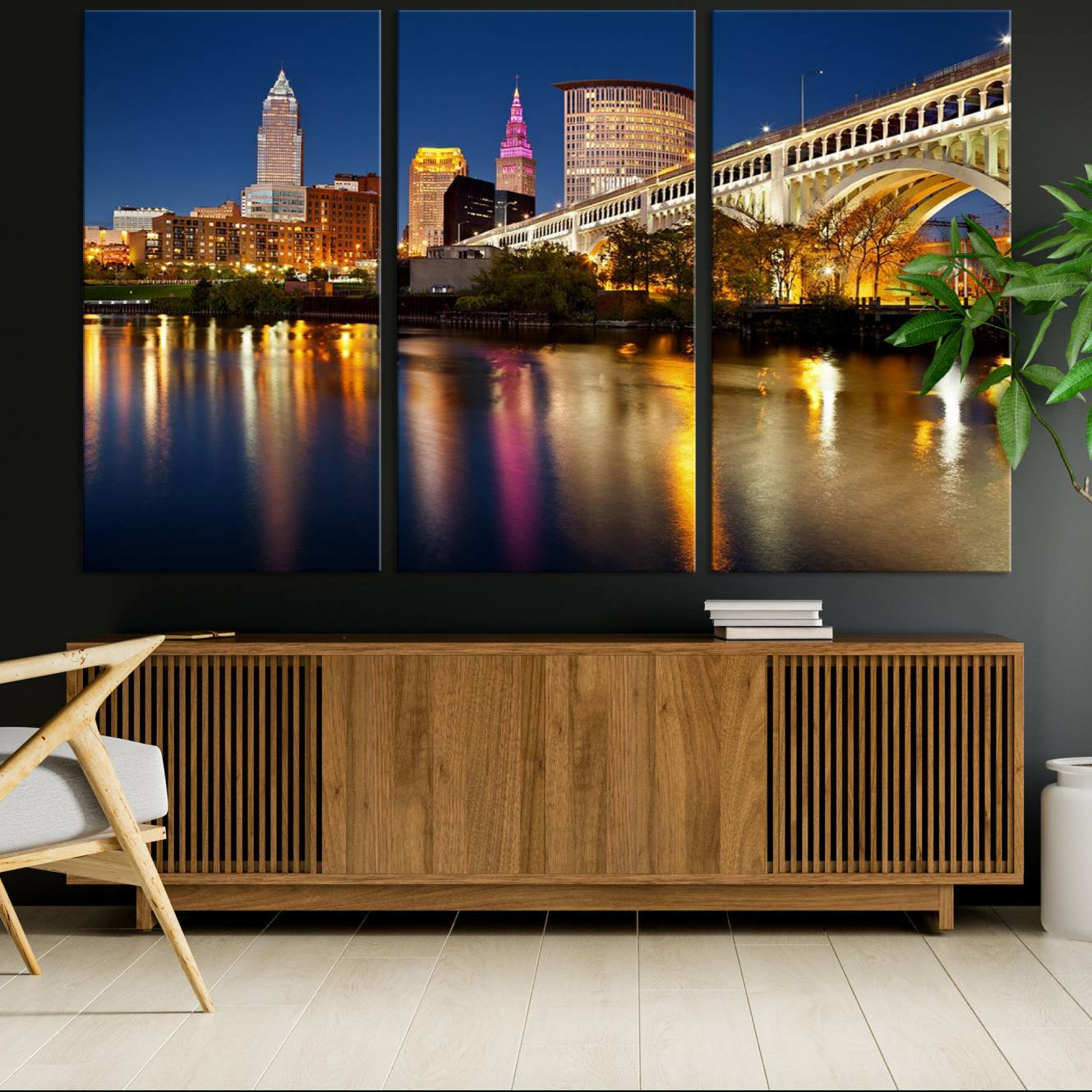 -Cleveland Night Skyline Wall Art, City Cityscape Canvas Print Wall Art