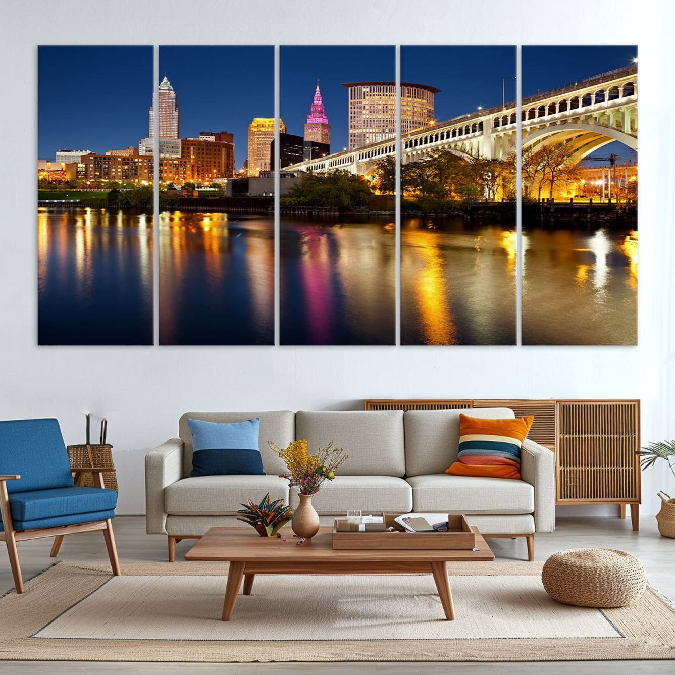 -Cleveland Night Skyline Wall Art, City Cityscape Canvas Print Wall Art