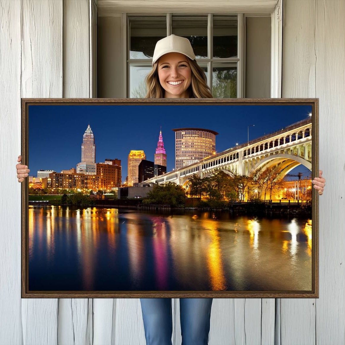 -Cleveland Night Skyline Wall Art, City Cityscape Canvas Print Wall Art