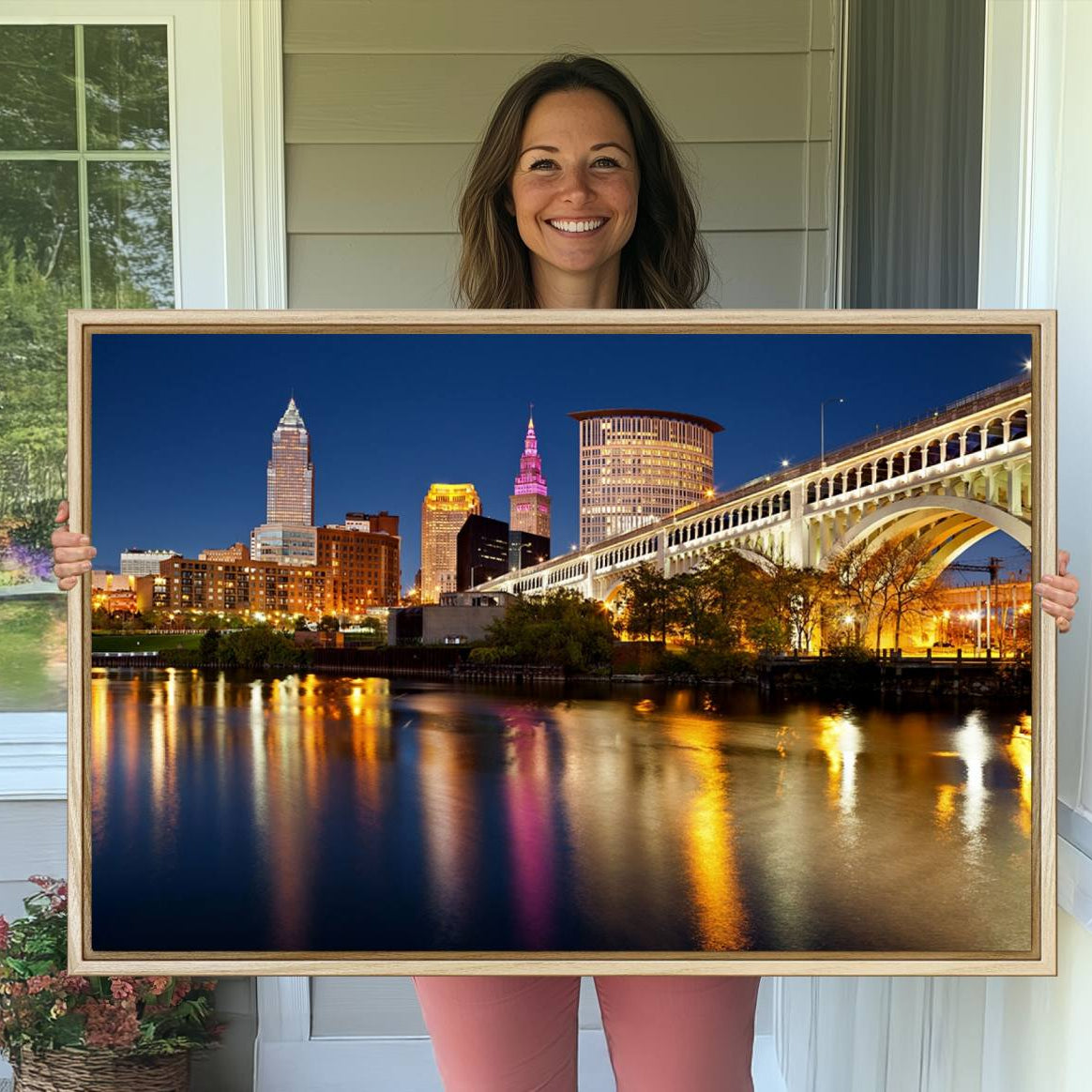 -Cleveland Night Skyline Wall Art, City Cityscape Canvas Print Wall Art