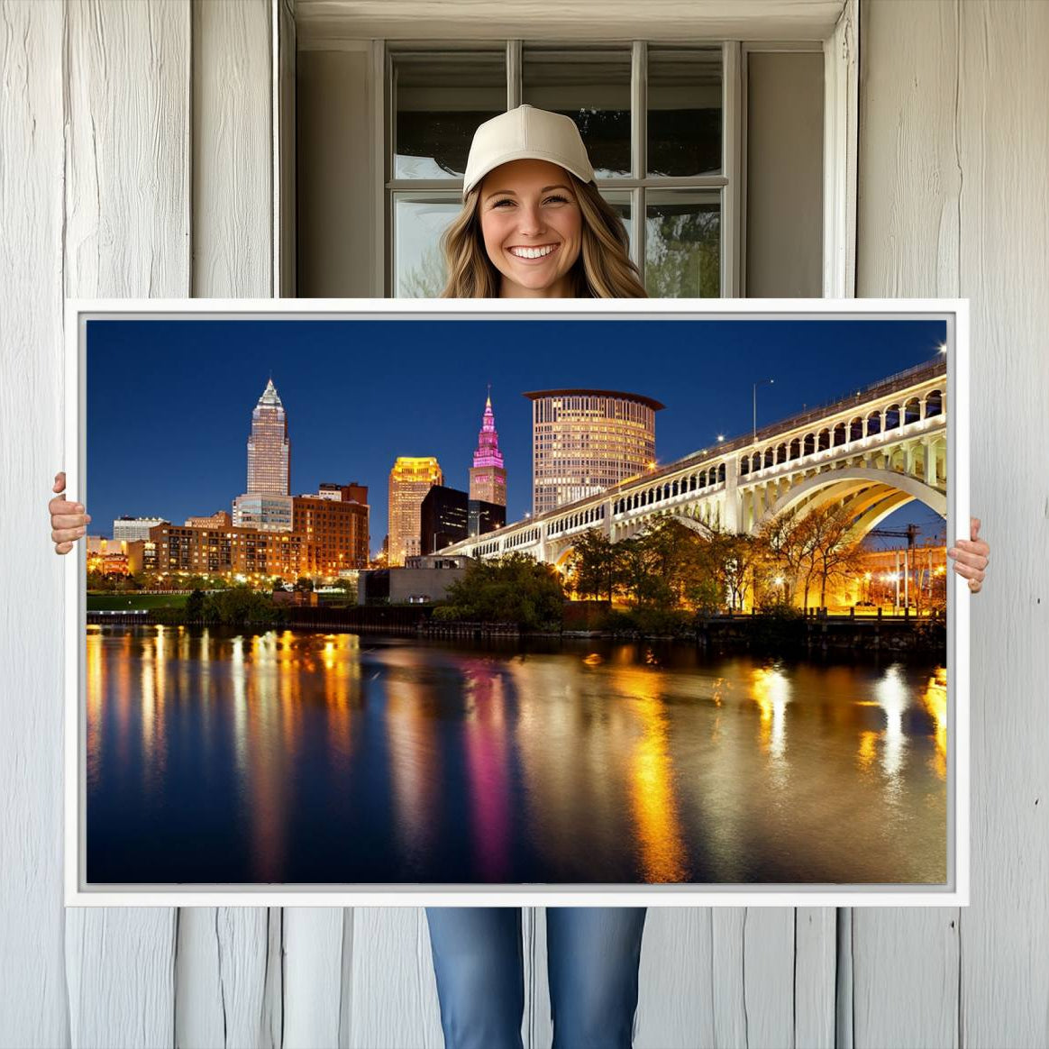 -Cleveland Night Skyline Wall Art, City Cityscape Canvas Print Wall Art