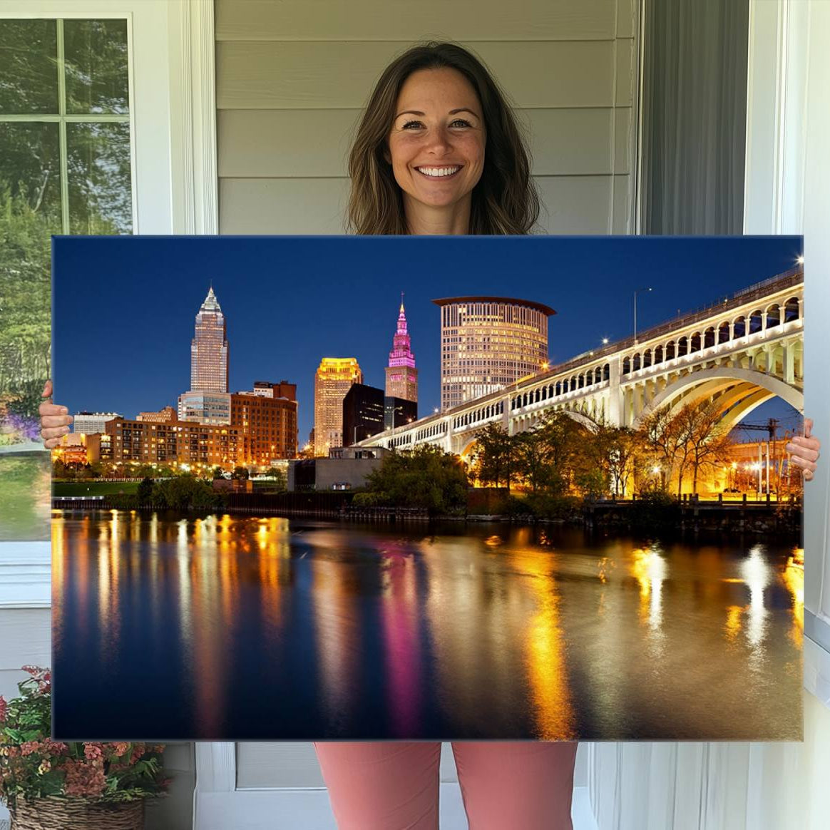 -Cleveland Night Skyline Wall Art, City Cityscape Canvas Print Wall Art