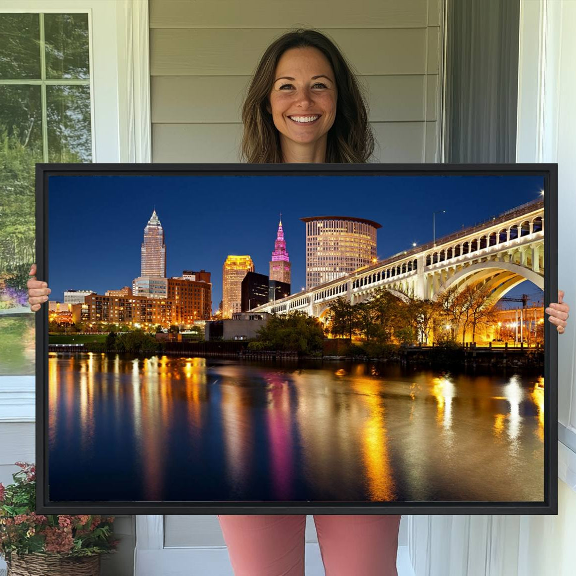 -Cleveland Night Skyline Wall Art, City Cityscape Canvas Print Wall Art