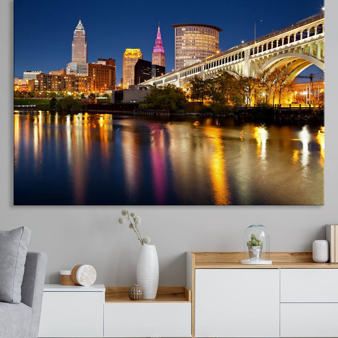 -Cleveland Night Skyline Wall Art, City Cityscape Canvas Print Wall Art