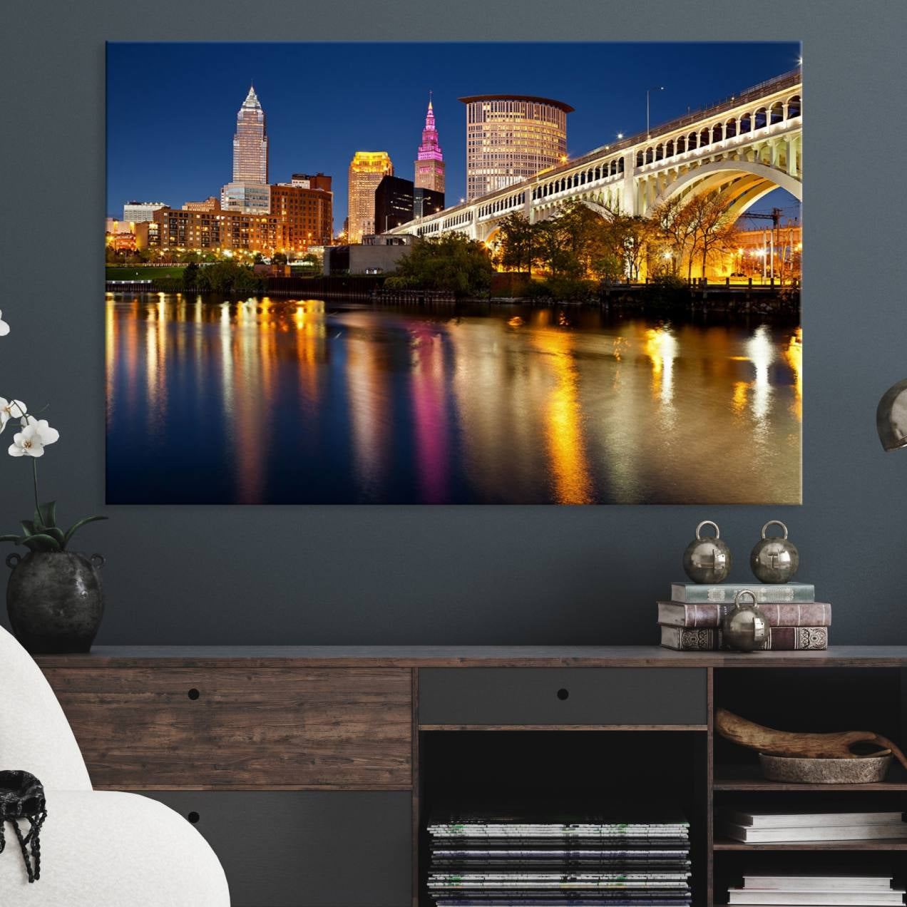 -Cleveland Night Skyline Wall Art, City Cityscape Canvas Print Wall Art