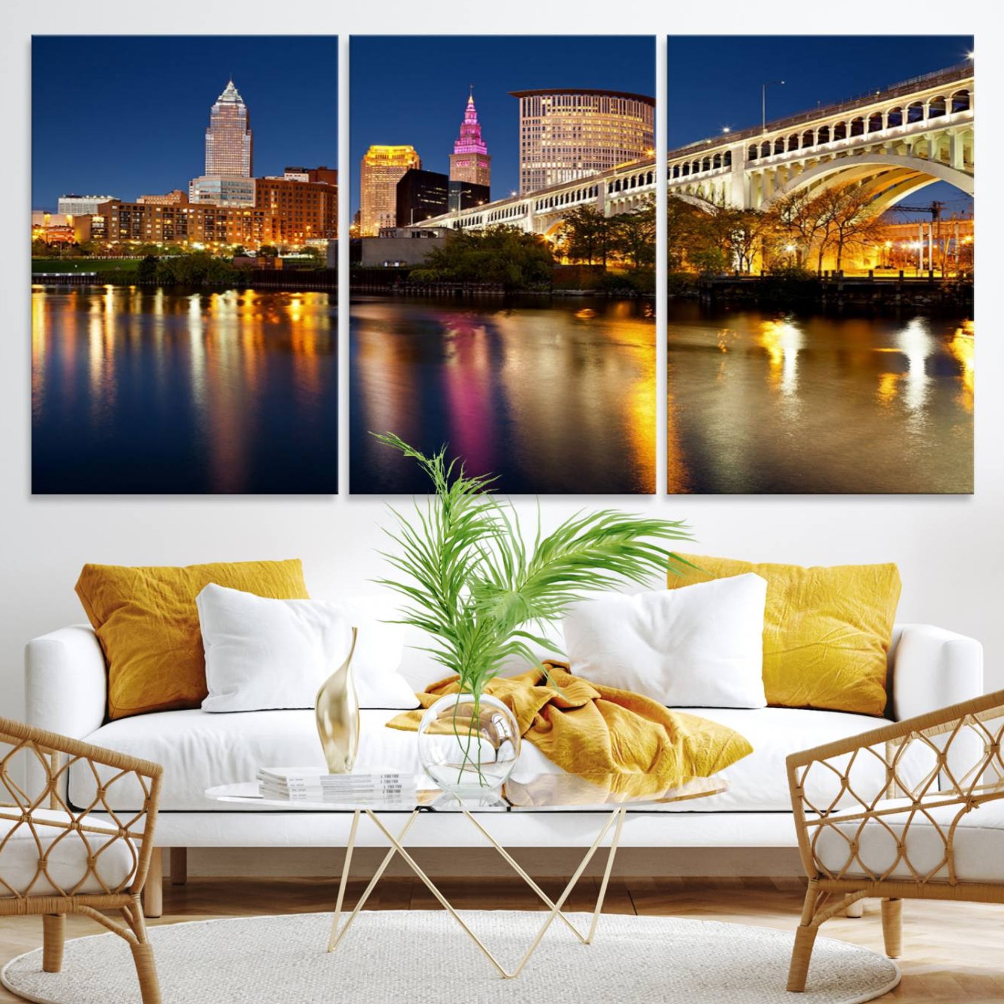 34373-MGV-CV-36X24-Cleveland Night Skyline Wall Art, City Cityscape Canvas Print Wall Art