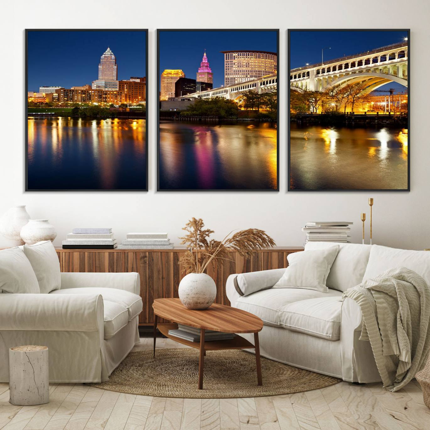 34373-MGV-FC-60X30-3P_Black-Cleveland Night Skyline Wall Art, City Cityscape Canvas Print Wall Art