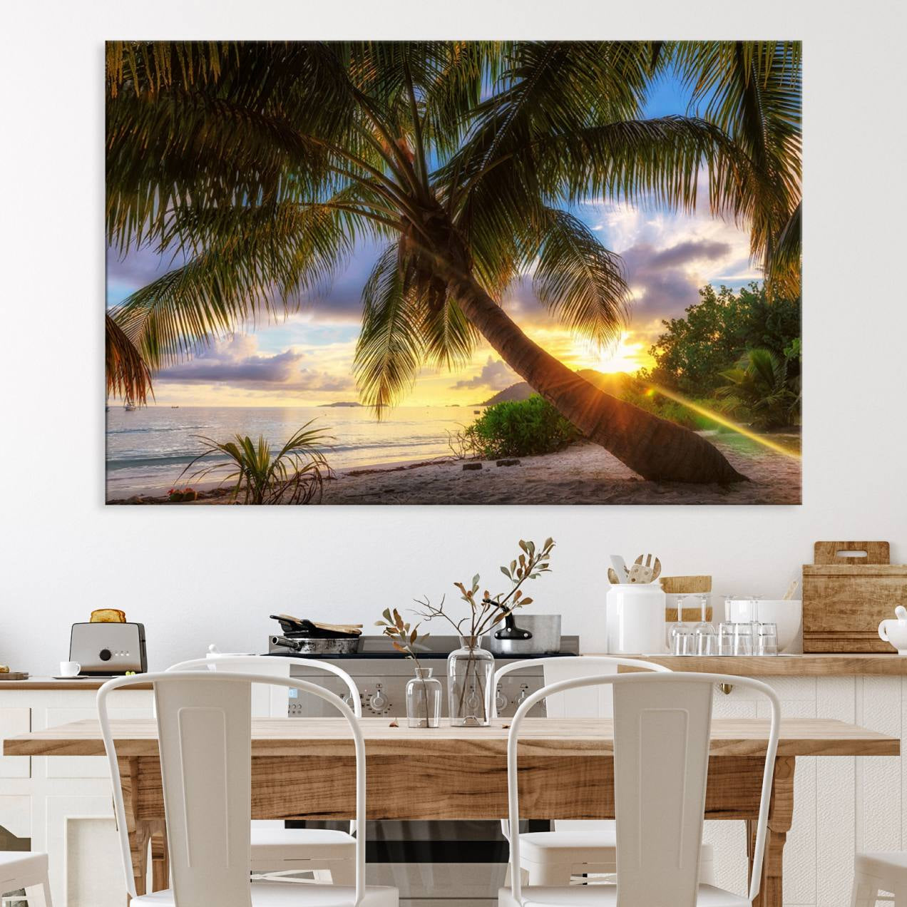 -Coastal Sunset Palm Tree Giclee Canvas Print – Tropical Beach Panorama Wall Art for Relaxed Island