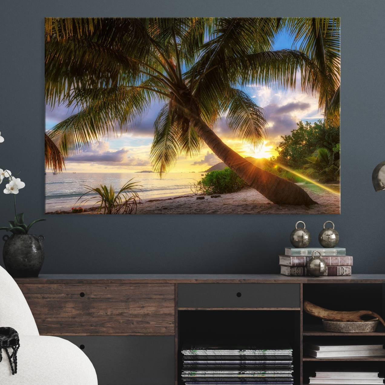 -Coastal Sunset Palm Tree Giclee Canvas Print – Tropical Beach Panorama Wall Art for Relaxed Island