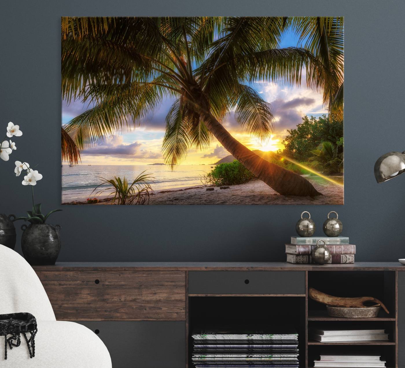 49751-MGV-CV-36X24-Coastal Sunset Palm Tree Giclee Canvas Print – Tropical Beach Panorama Wall Art for Relaxed Island