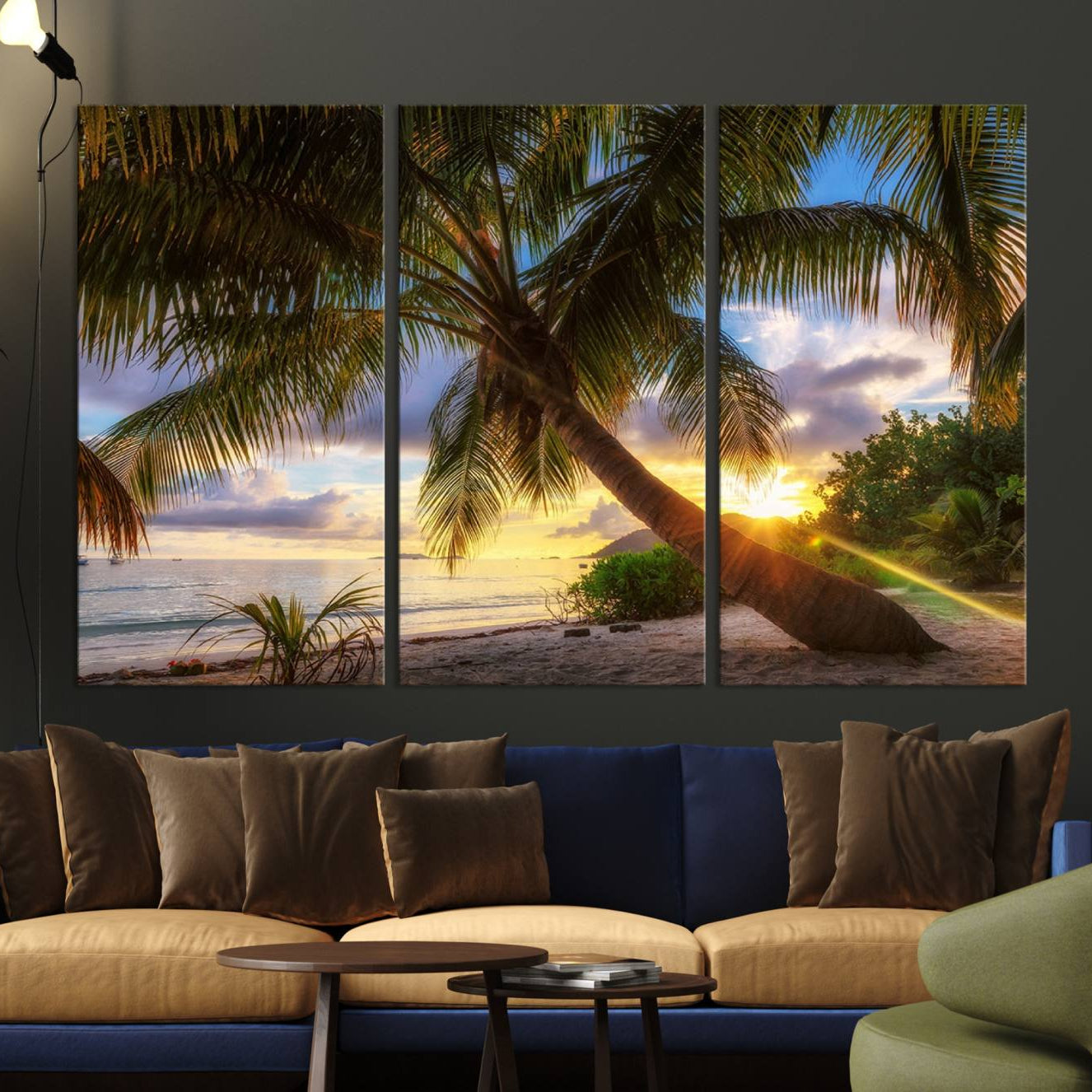 -Coastal Sunset Palm Tree Giclee Canvas Print – Tropical Beach Panorama Wall Art for Relaxed Island