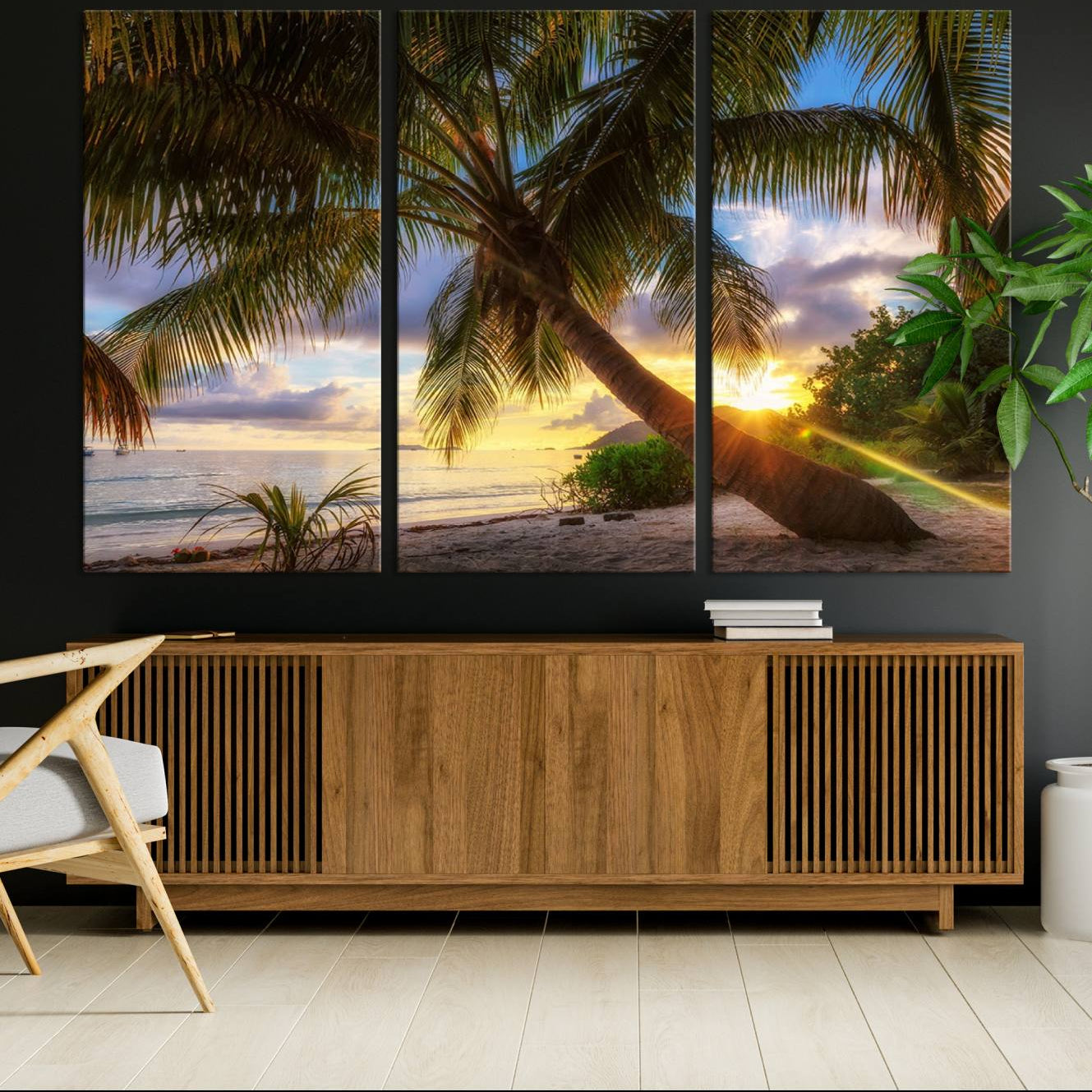 -Coastal Sunset Palm Tree Giclee Canvas Print – Tropical Beach Panorama Wall Art for Relaxed Island