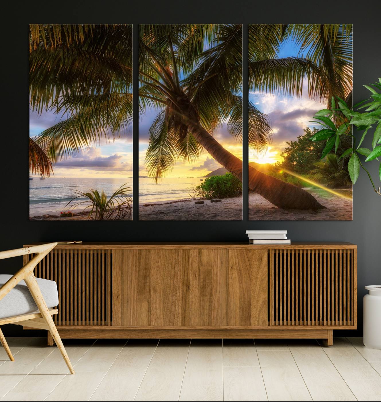 49751-MGV-CV-36X24-Coastal Sunset Palm Tree Giclee Canvas Print – Tropical Beach Panorama Wall Art for Relaxed Island