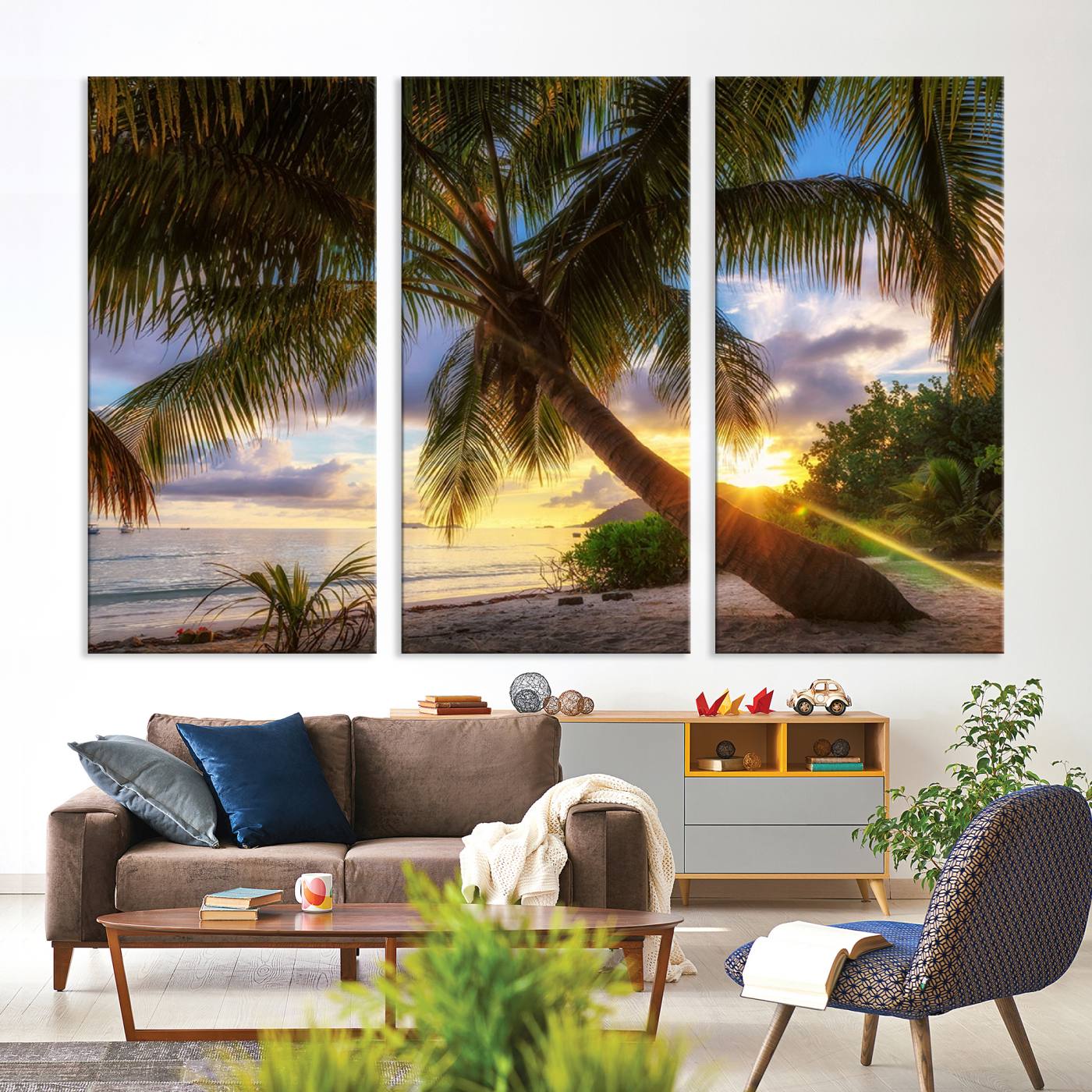 -Coastal Sunset Palm Tree Giclee Canvas Print – Tropical Beach Panorama Wall Art for Relaxed Island
