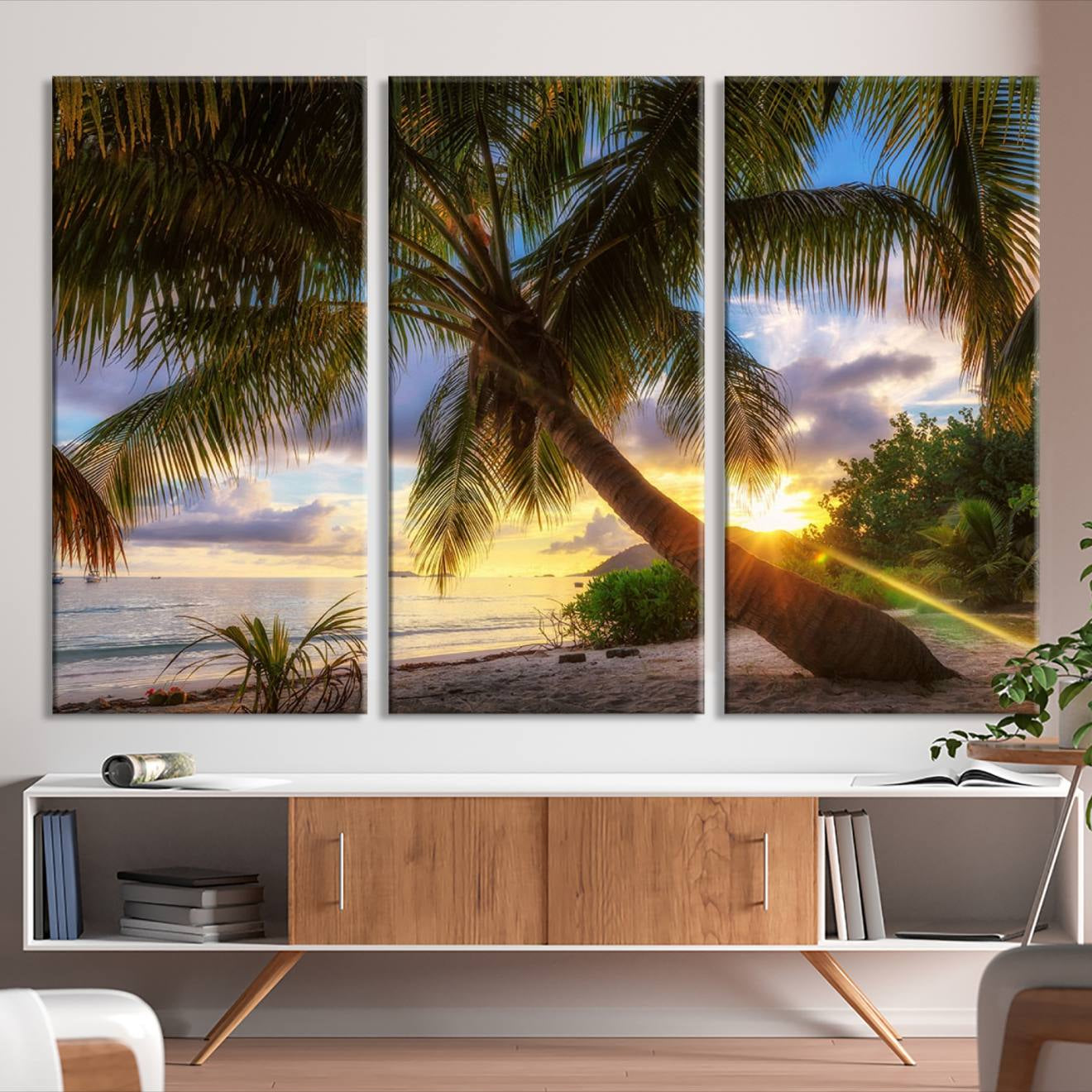 -Coastal Sunset Palm Tree Giclee Canvas Print – Tropical Beach Panorama Wall Art for Relaxed Island