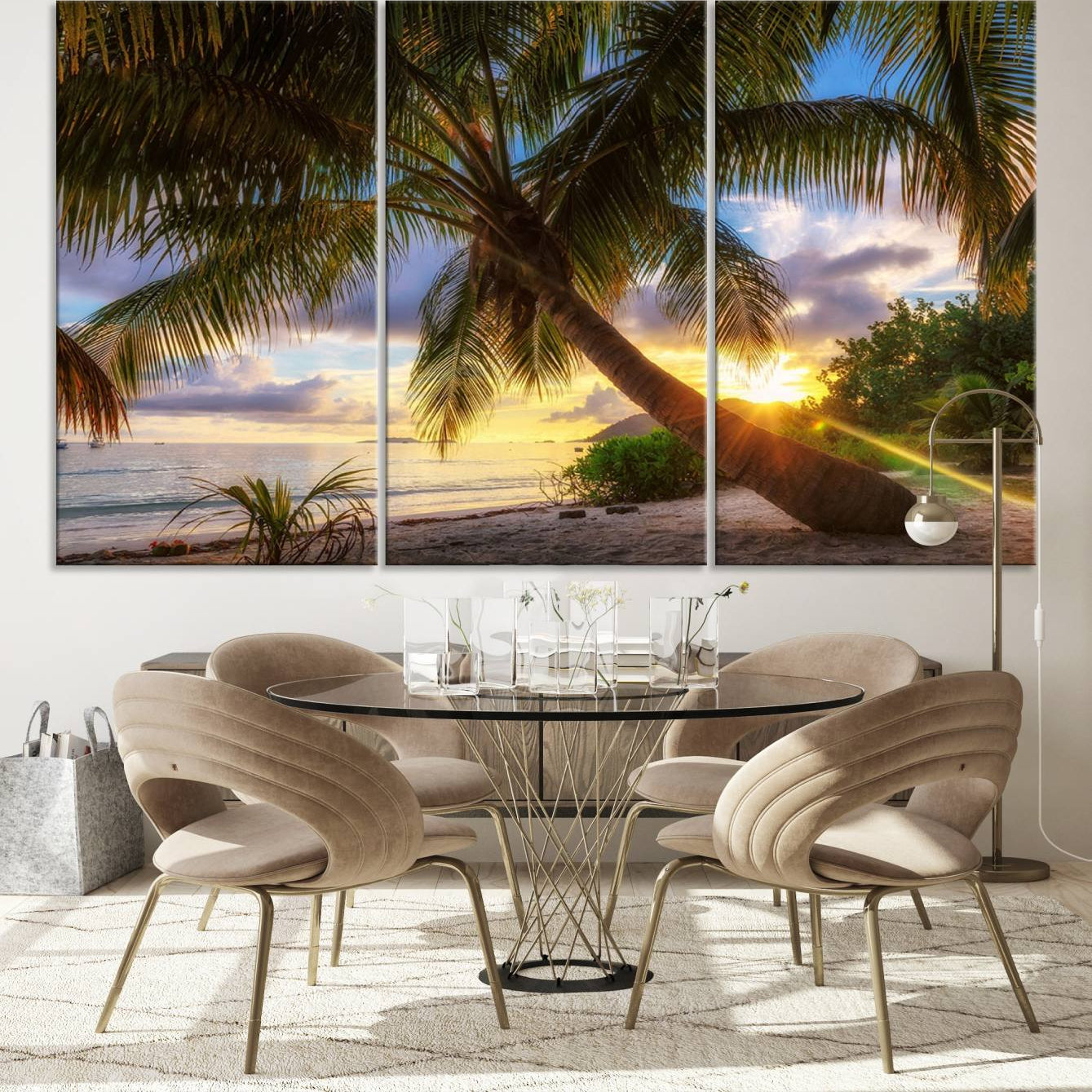 -Coastal Sunset Palm Tree Giclee Canvas Print – Tropical Beach Panorama Wall Art for Relaxed Island