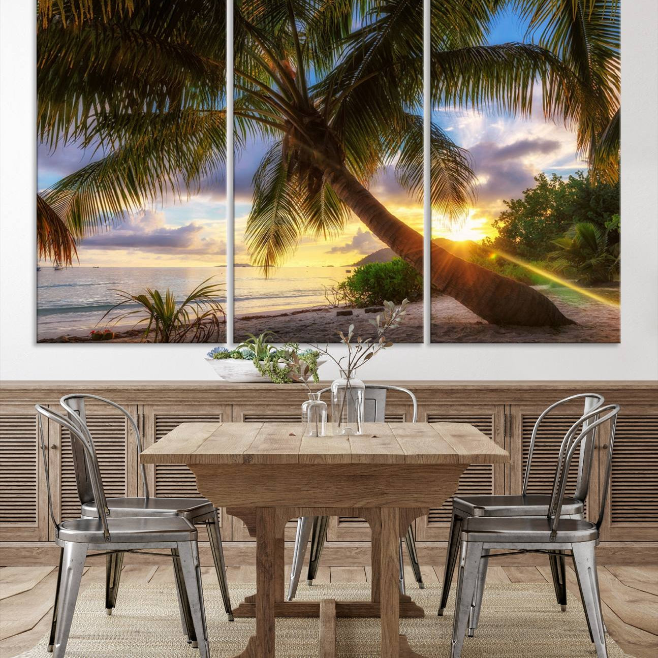-Coastal Sunset Palm Tree Giclee Canvas Print – Tropical Beach Panorama Wall Art for Relaxed Island