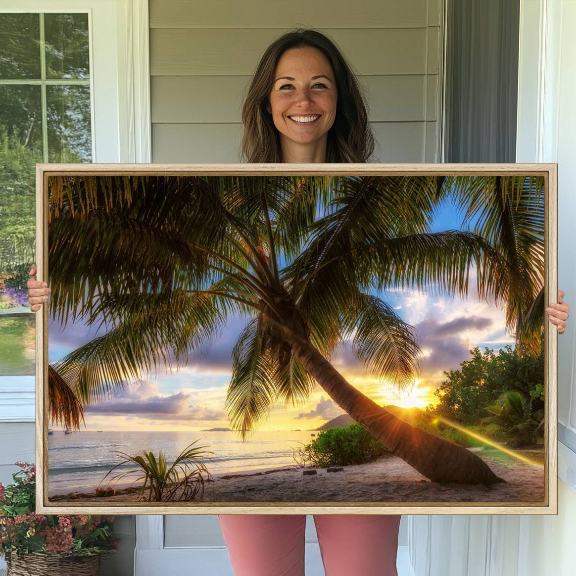 -Coastal Sunset Palm Tree Giclee Canvas Print – Tropical Beach Panorama Wall Art for Relaxed Island