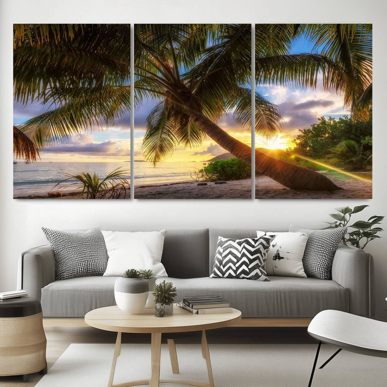 -Coastal Sunset Palm Tree Giclee Canvas Print – Tropical Beach Panorama Wall Art for Relaxed Island