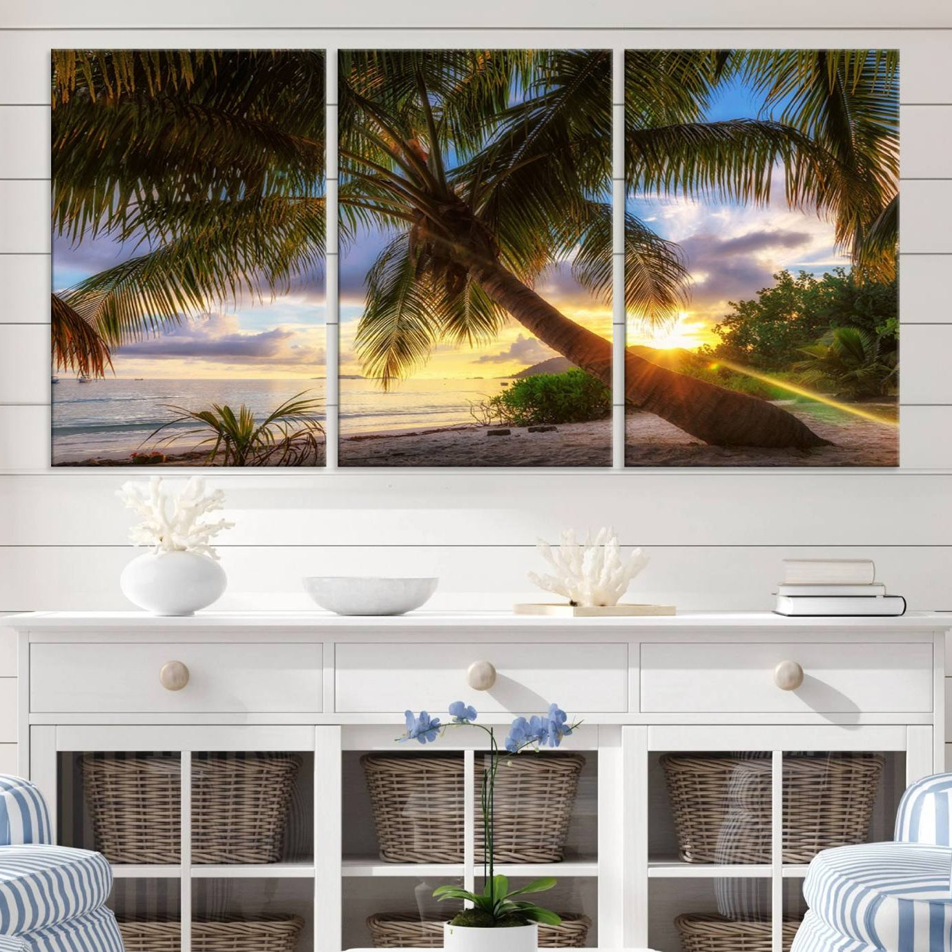 -Coastal Sunset Palm Tree Giclee Canvas Print – Tropical Beach Panorama Wall Art for Relaxed Island