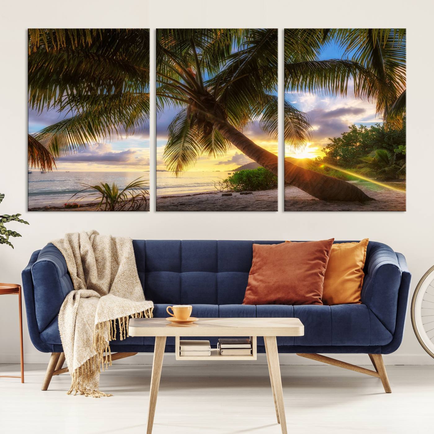 -Coastal Sunset Palm Tree Giclee Canvas Print – Tropical Beach Panorama Wall Art for Relaxed Island