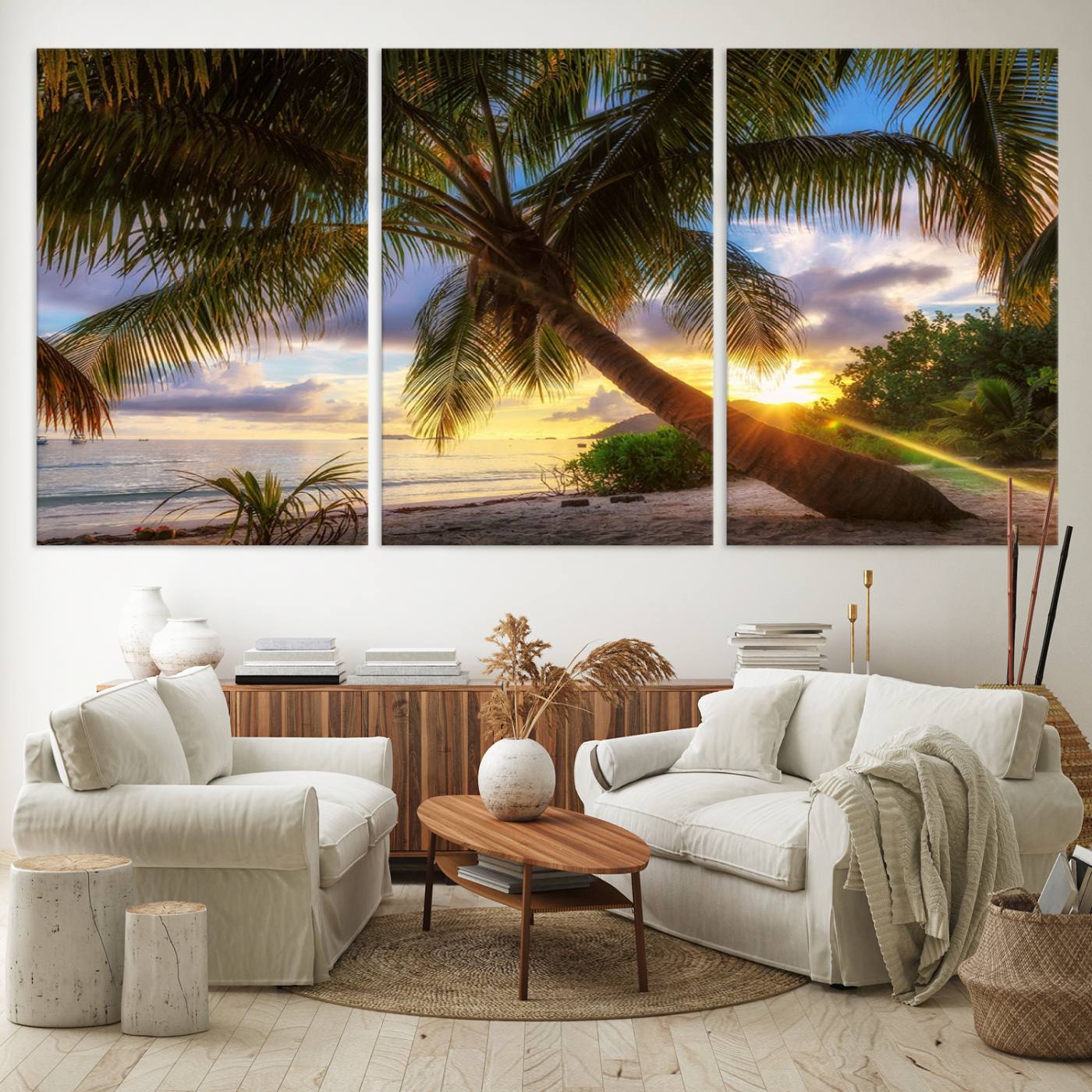 -Coastal Sunset Palm Tree Giclee Canvas Print – Tropical Beach Panorama Wall Art for Relaxed Island