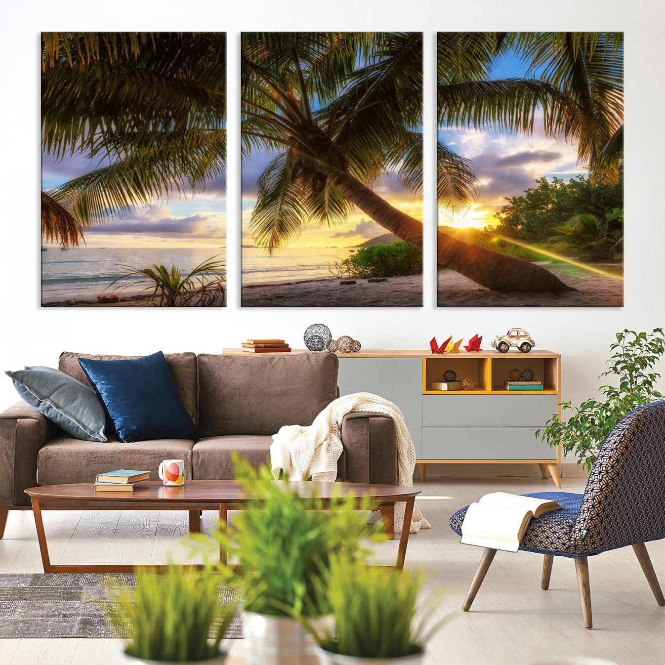 -Coastal Sunset Palm Tree Giclee Canvas Print – Tropical Beach Panorama Wall Art for Relaxed Island