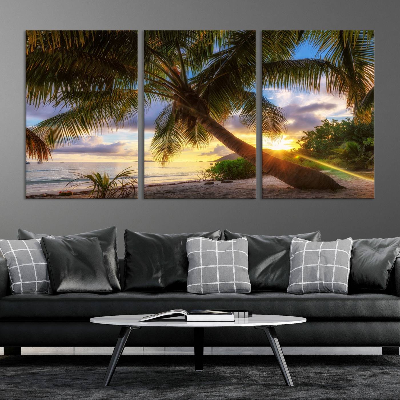 -Coastal Sunset Palm Tree Giclee Canvas Print – Tropical Beach Panorama Wall Art for Relaxed Island