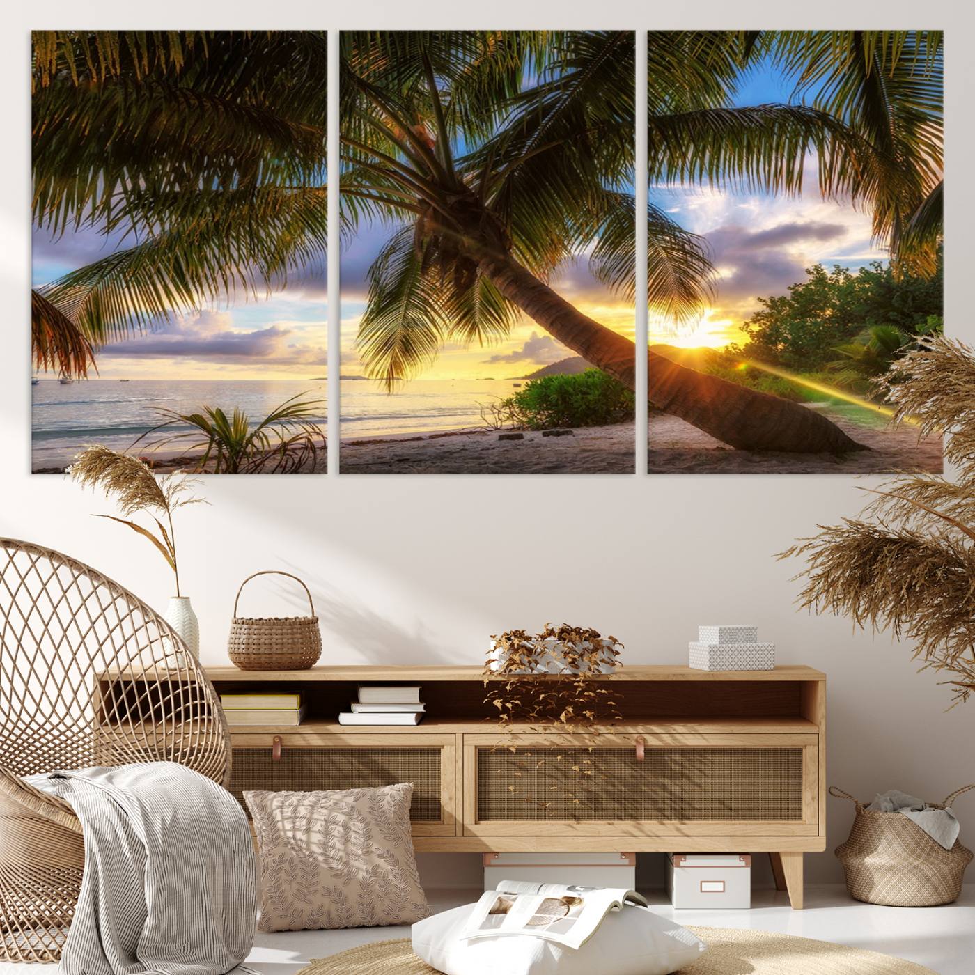 -Coastal Sunset Palm Tree Giclee Canvas Print – Tropical Beach Panorama Wall Art for Relaxed Island