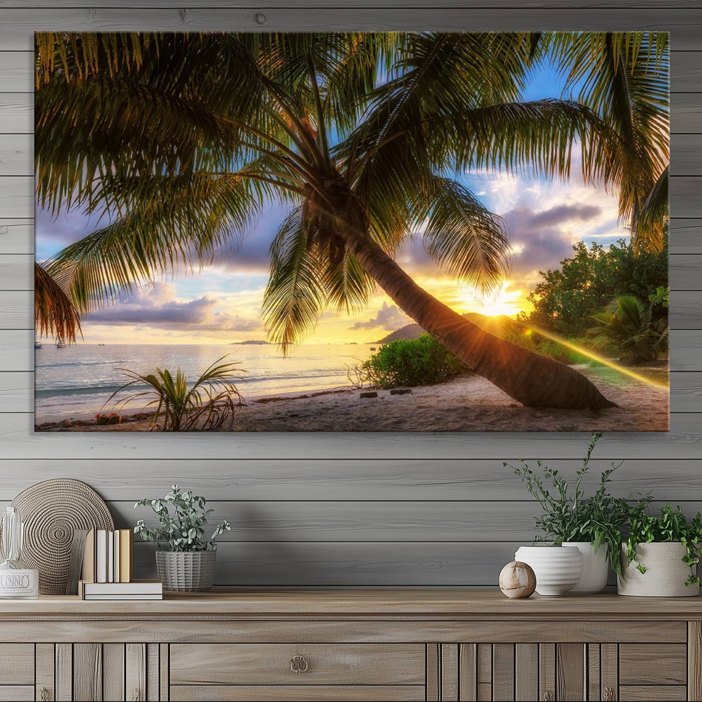 49751-MGV-CV-36X24-Coastal Sunset Palm Tree Giclee Canvas Print – Tropical Beach Panorama Wall Art for Relaxed Island