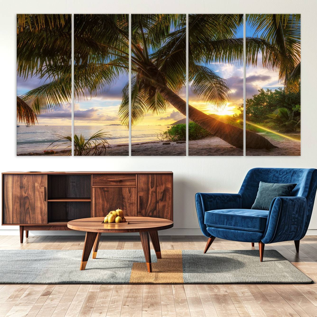 -Coastal Sunset Palm Tree Giclee Canvas Print – Tropical Beach Panorama Wall Art for Relaxed Island