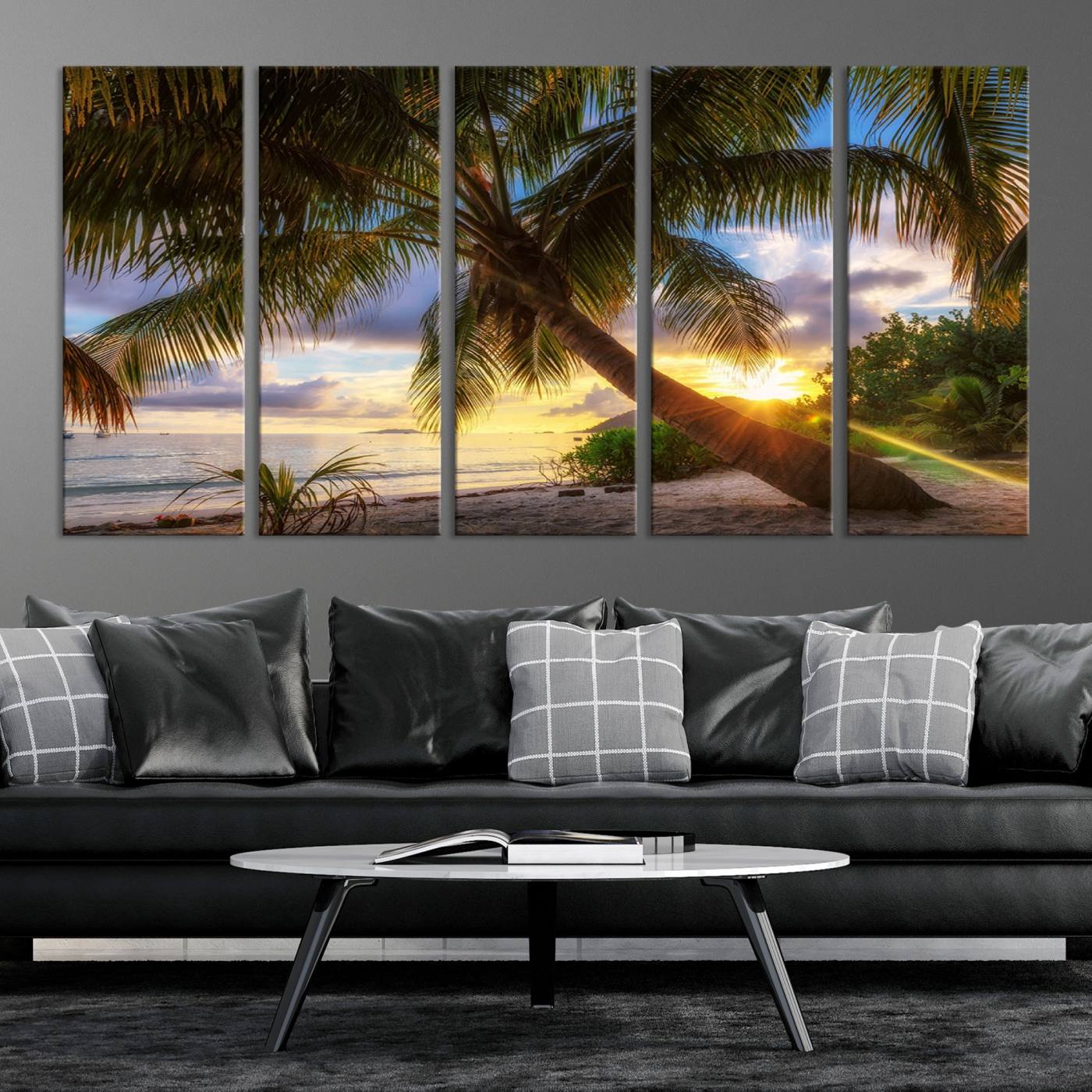 -Coastal Sunset Palm Tree Giclee Canvas Print – Tropical Beach Panorama Wall Art for Relaxed Island