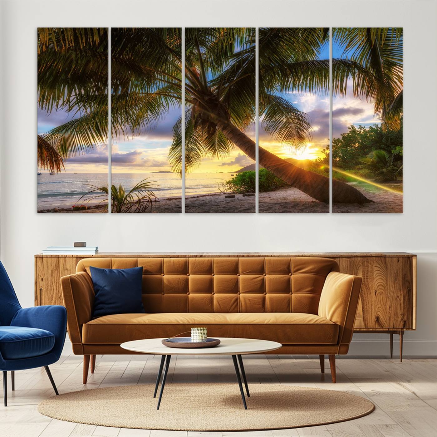 -Coastal Sunset Palm Tree Giclee Canvas Print – Tropical Beach Panorama Wall Art for Relaxed Island