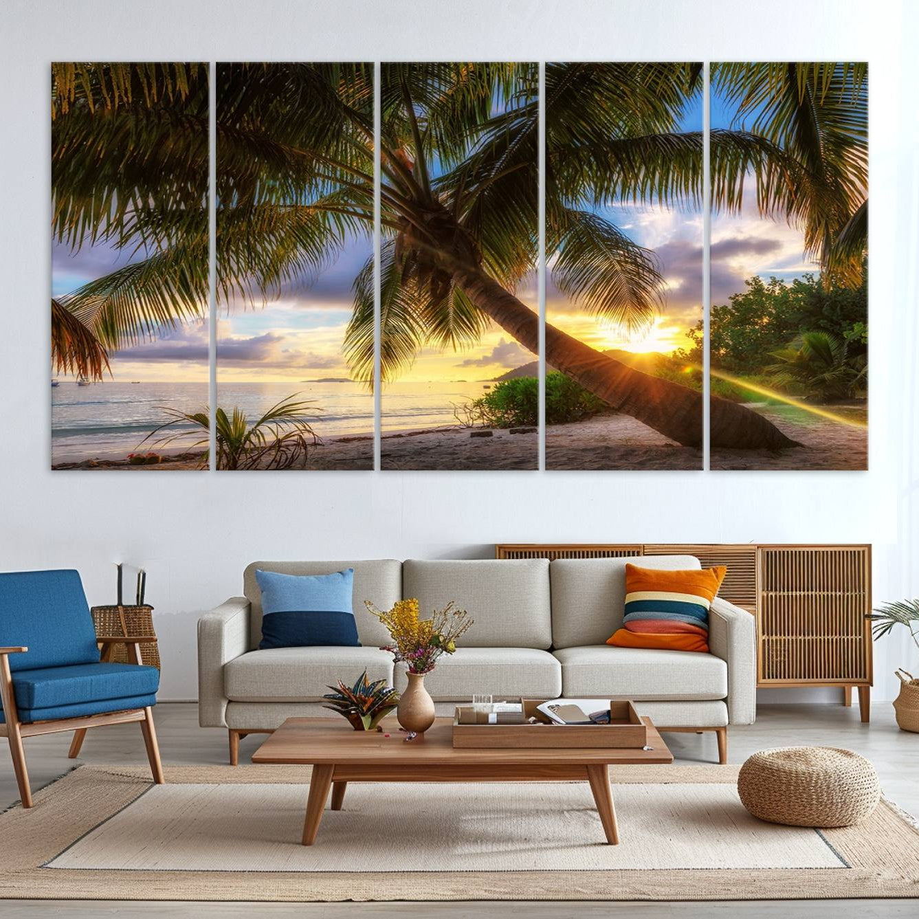 -Coastal Sunset Palm Tree Giclee Canvas Print – Tropical Beach Panorama Wall Art for Relaxed Island