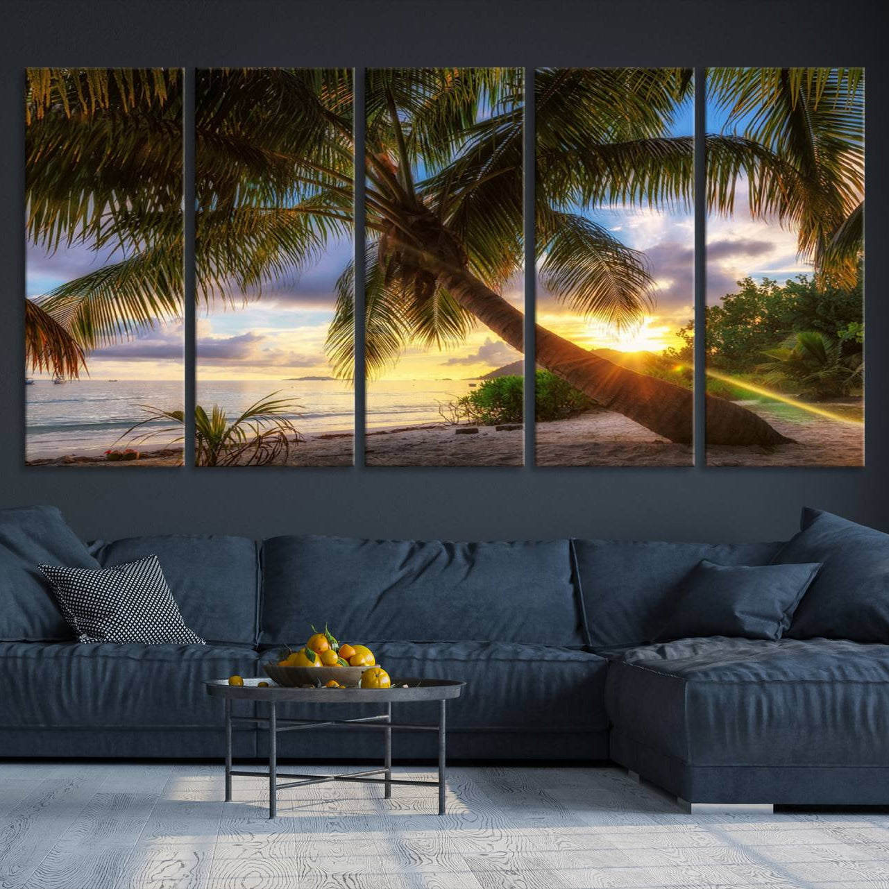 -Coastal Sunset Palm Tree Giclee Canvas Print – Tropical Beach Panorama Wall Art for Relaxed Island