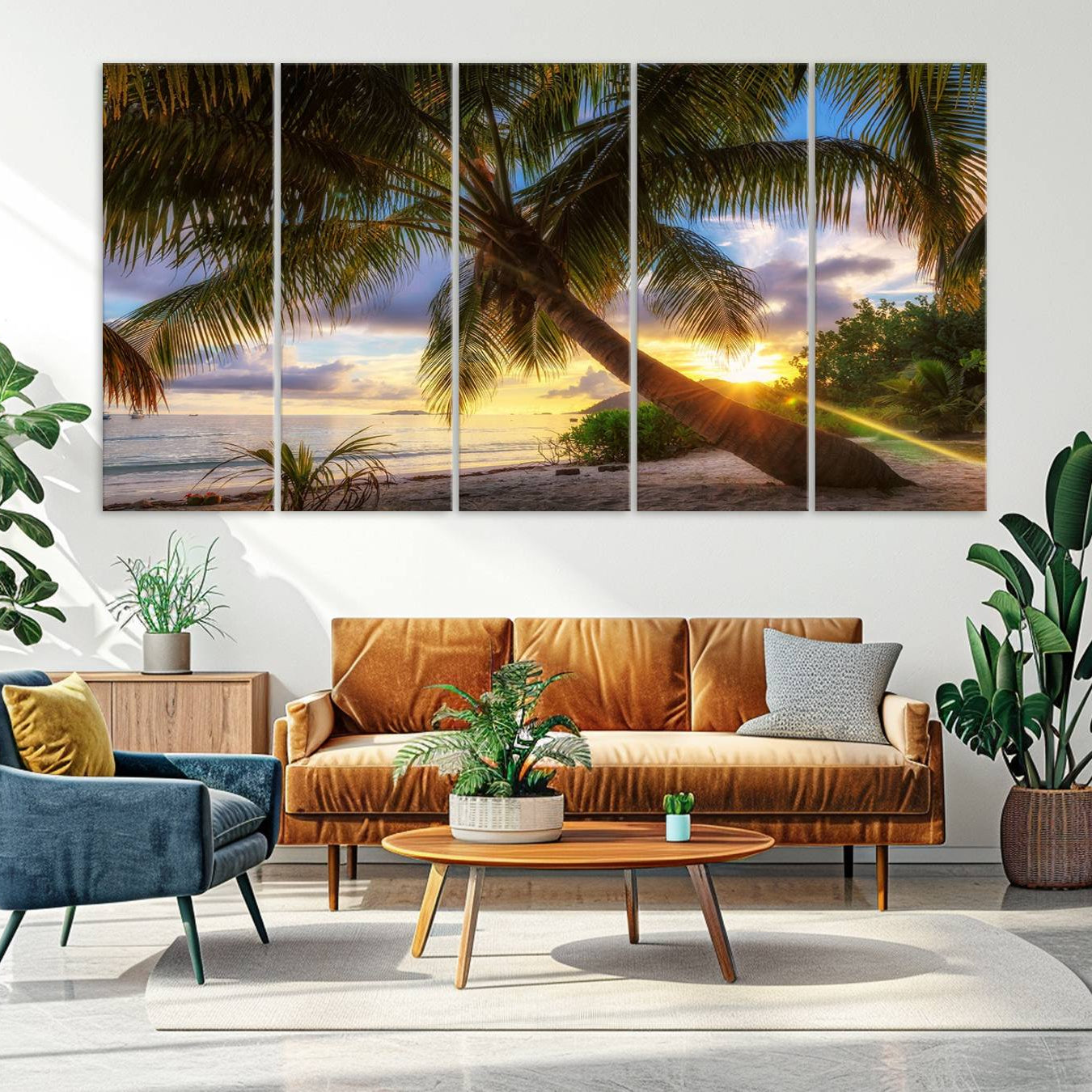 -Coastal Sunset Palm Tree Giclee Canvas Print – Tropical Beach Panorama Wall Art for Relaxed Island
