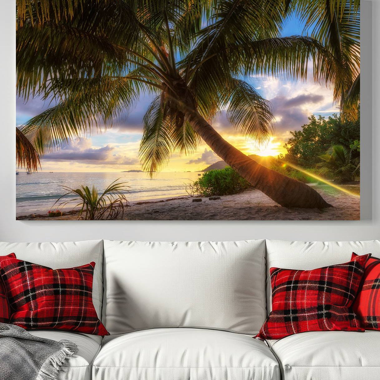 -Coastal Sunset Palm Tree Giclee Canvas Print – Tropical Beach Panorama Wall Art for Relaxed Island