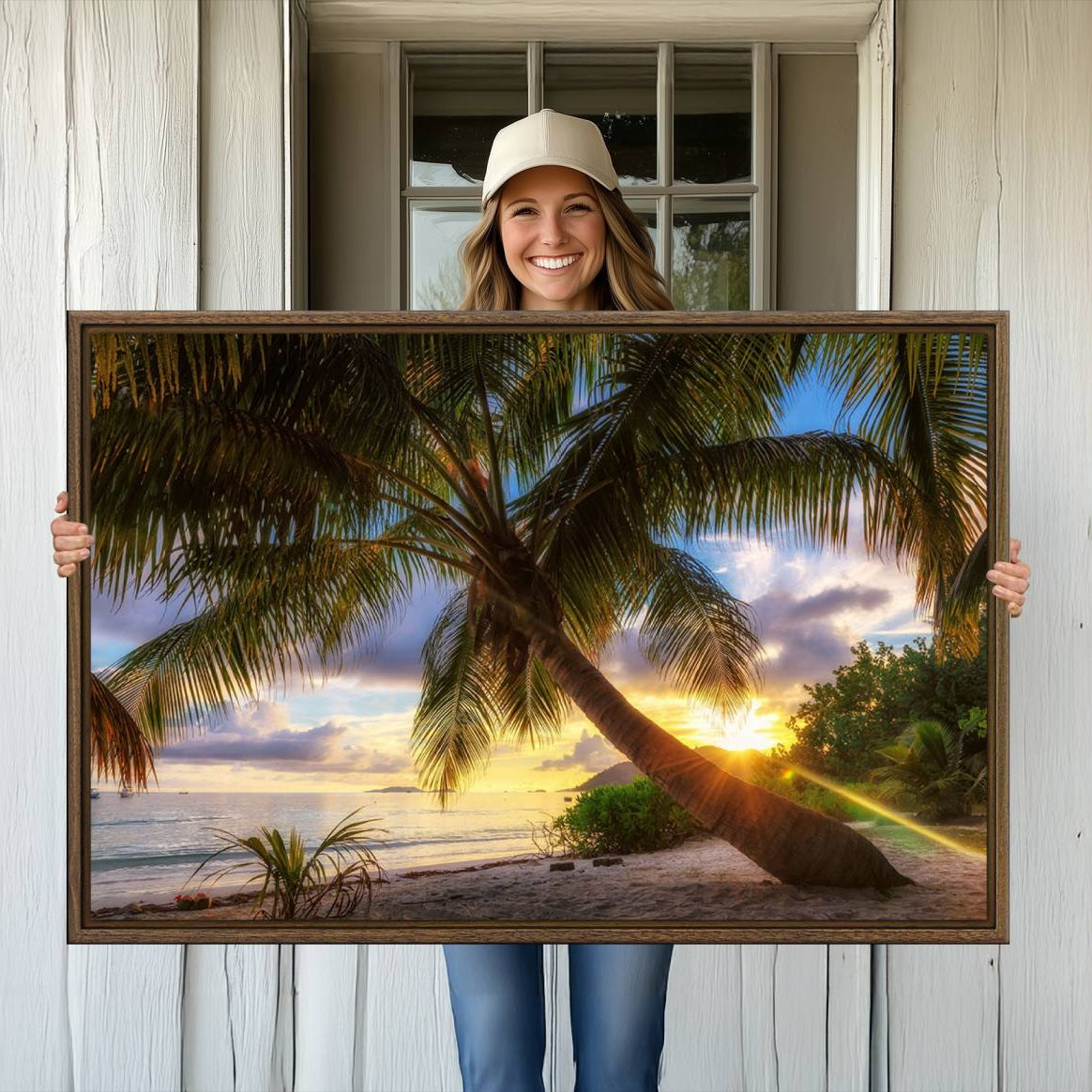 -Coastal Sunset Palm Tree Giclee Canvas Print – Tropical Beach Panorama Wall Art for Relaxed Island