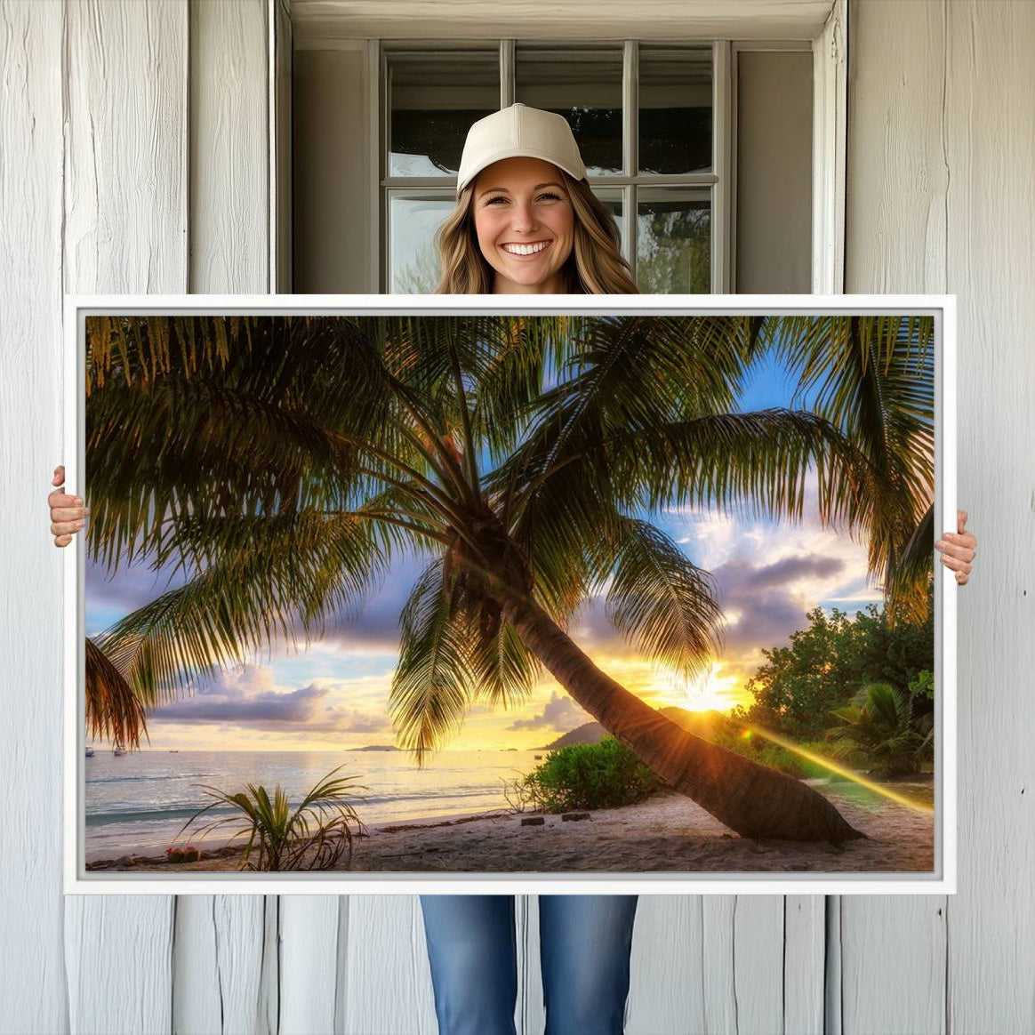 -Coastal Sunset Palm Tree Giclee Canvas Print – Tropical Beach Panorama Wall Art for Relaxed Island
