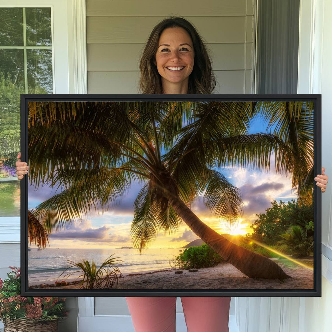 -Coastal Sunset Palm Tree Giclee Canvas Print – Tropical Beach Panorama Wall Art for Relaxed Island