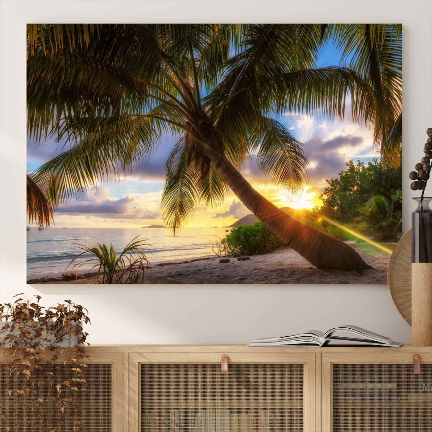 -Coastal Sunset Palm Tree Giclee Canvas Print – Tropical Beach Panorama Wall Art for Relaxed Island