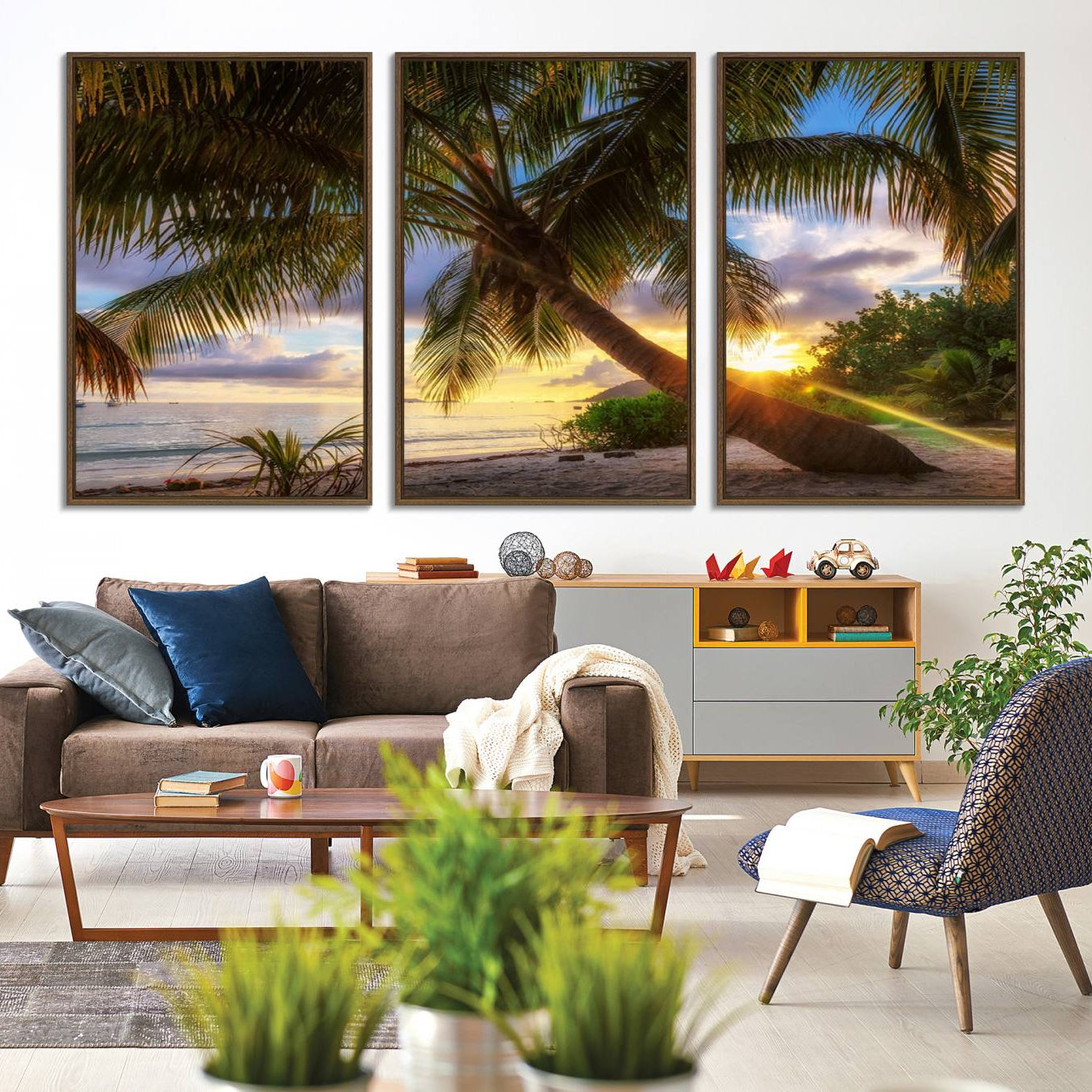 -Coastal Sunset Palm Tree Giclee Canvas Print – Tropical Beach Panorama Wall Art for Relaxed Island